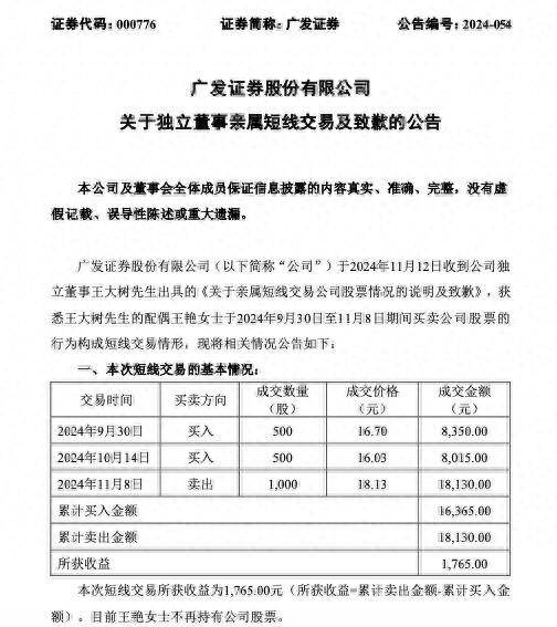 公司热点｜独立董事亲属短线交易获利1765元，广发证券致歉